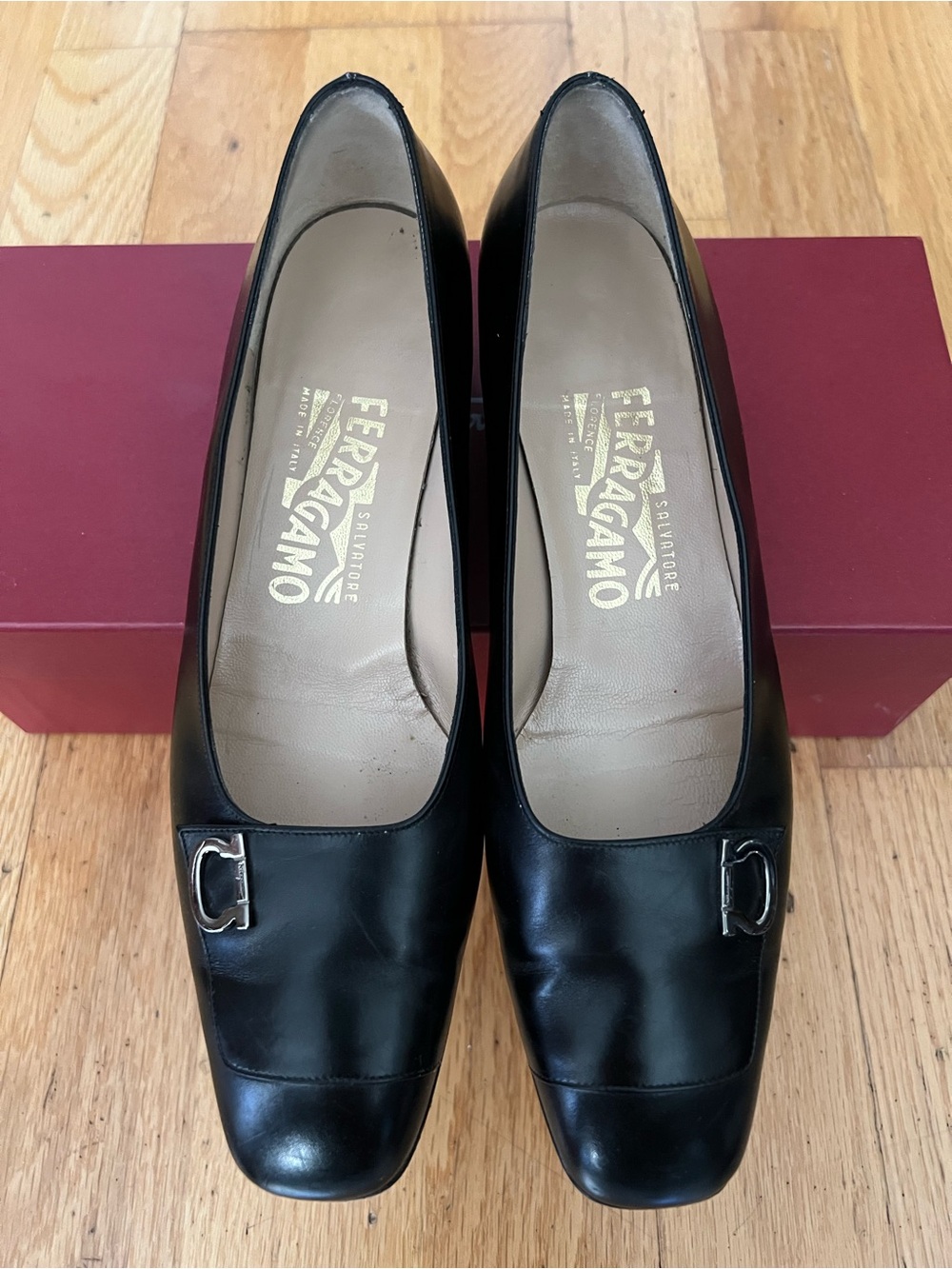 Salvatore Ferragamo Black Leather Square-Toe Heels with Silver Logo Hardware